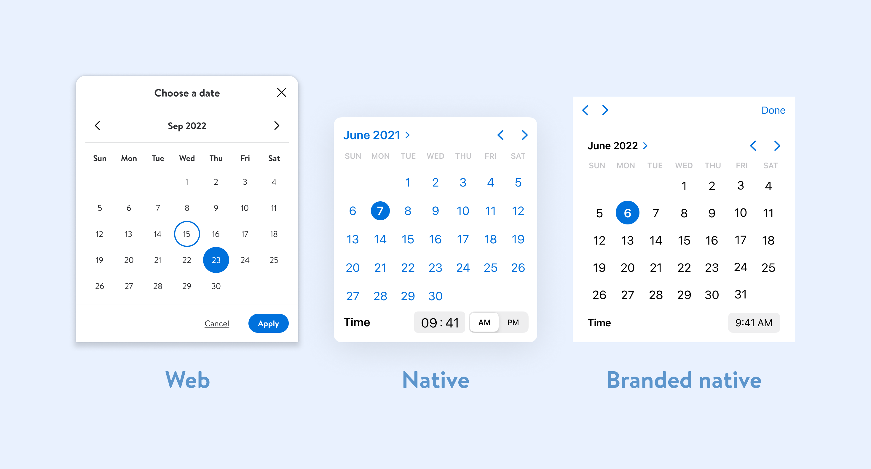 Calendar components for web and native UI